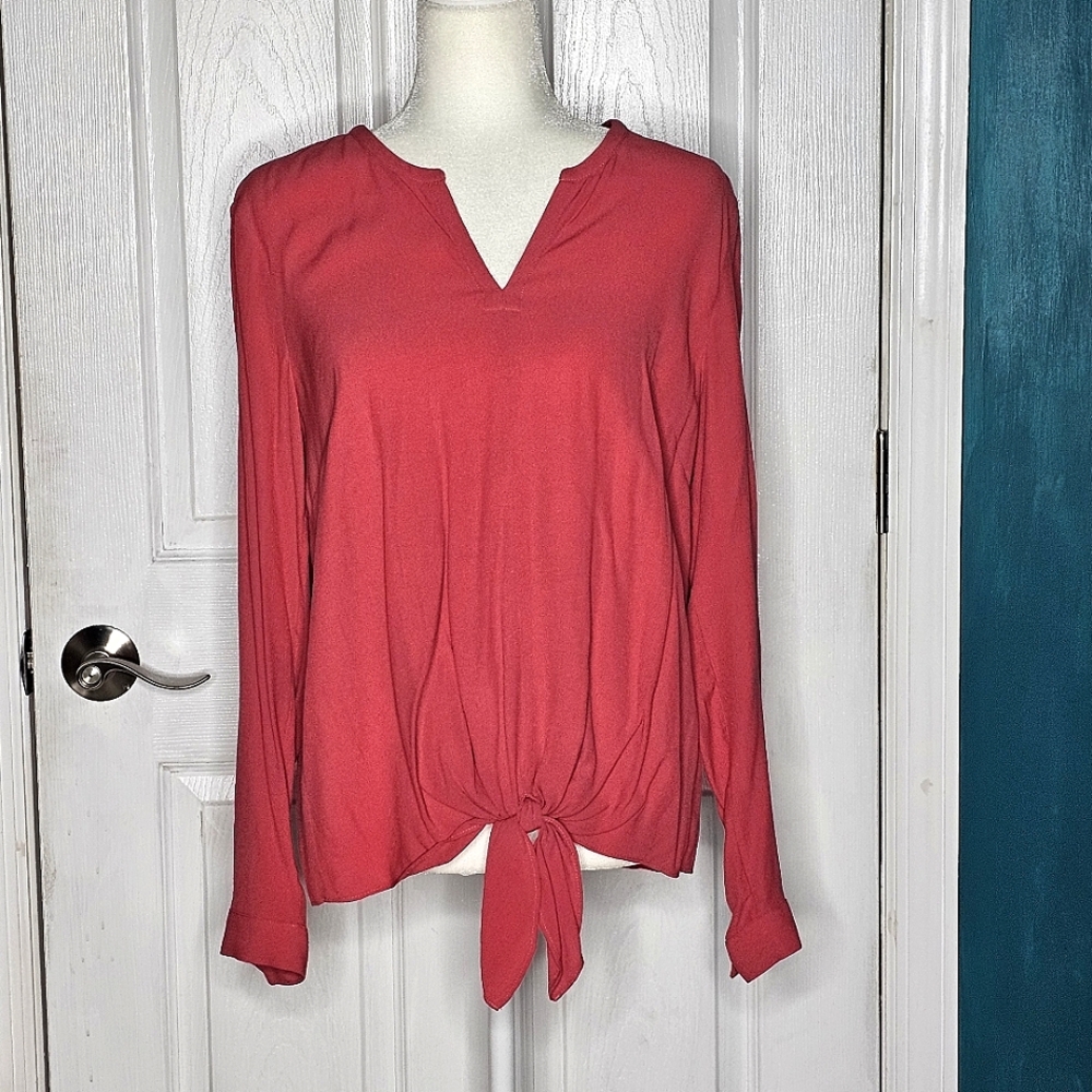 J Jill Carmine Red Long Sleeved Blouse With Tie Waist